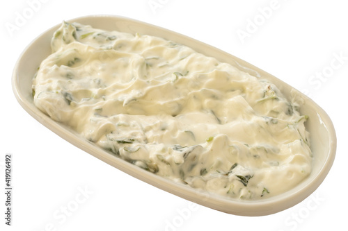 Purslane salad appetizer (mezze) with yogurt isolated on a white background. Healthy vegan food. Local name yoğurtlu semizotu salatası photo