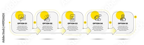 Creative idea, Analytical chat and Woman read line icons set. Timeline process flowchart. Video file sign. Present box, Communication speech bubble, Girl studying. Vlog page. Education set. Vector