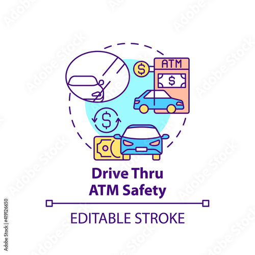 Drive thru ATM safety concept icon. Automated teller machines idea thin line illustration. Mirrors for visibility. Theft and scammers. Vector isolated outline RGB color drawing. Editable stroke