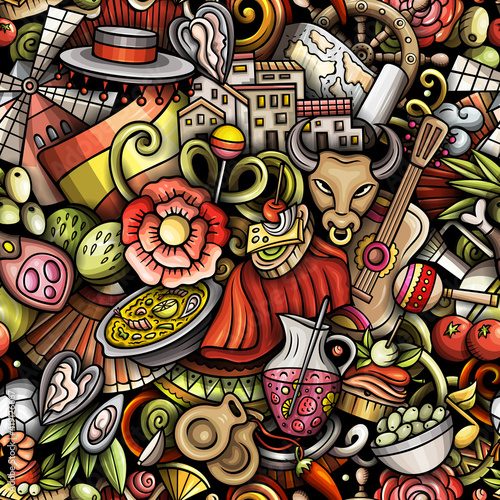 Cartoon doodles Spain seamless pattern. Backdrop with Spanish culture items