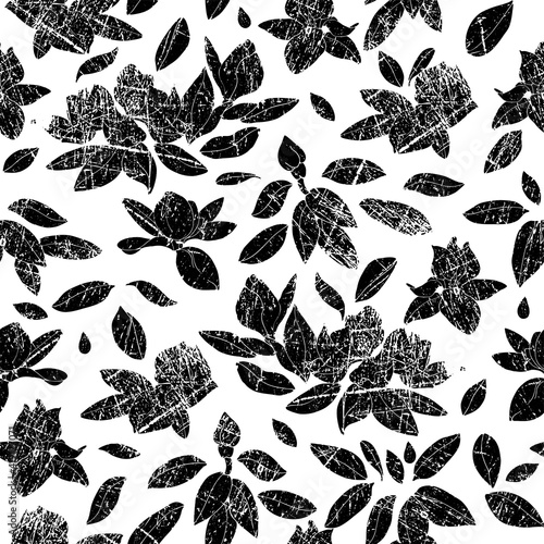 Scratched, worn images of flowers. Black drawing on a white background. Seamless pattern.