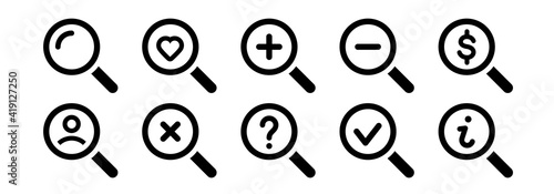 Magnifying glass icon set. Search icon.Vector magnifier or loupe sign.Magnifying glass instrument set icon, magnifying sign, glass, magnifier or loupe sign, search. Vector illustration