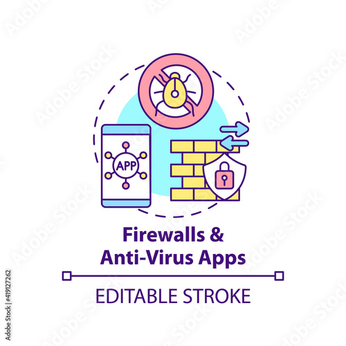 Firewall and anti-virus apps concept icon. Control and filtering of network traffic idea thin line illustration. Safety of information. Vector isolated outline RGB color drawing. Editable stroke