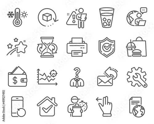 Business icons set. Included icon as Thermometer, Ice tea, Seo analysis signs. Printer, Translation service, Share mail symbols. Recovery phone, Hourglass, Touchscreen gesture. Confirmed. Vector