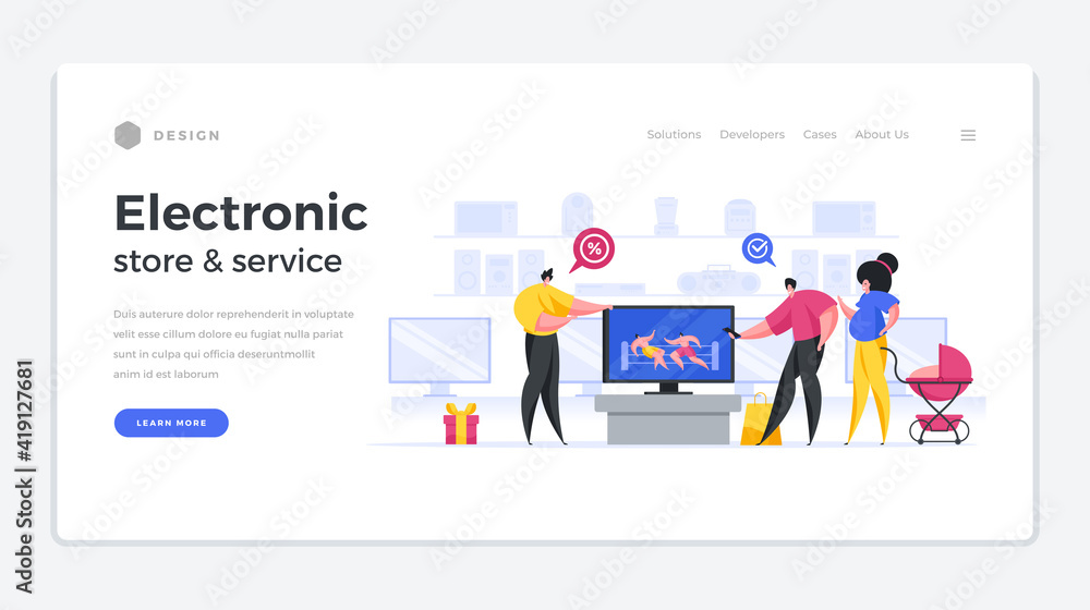 Electronics store and service landing page banner. Male consultant character recommends discounted smart TV. Electronics store and service landing page banner. Male consultant character recommends discounted smart TV.