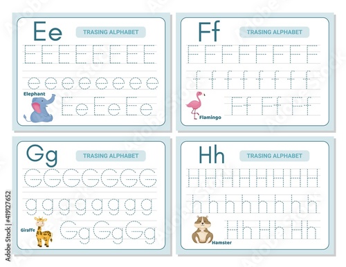 Alphabet tracing practice Letter E, F, G, H. Tracing practice worksheet. Learning alphabet activity page.