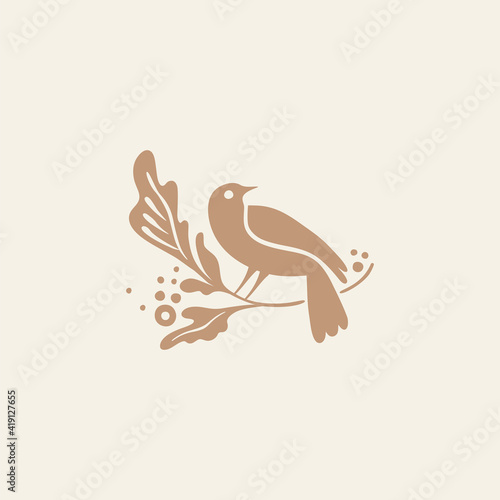 Vector illustration in simple hand drawn and linocut style - natural print, poster or logo design template - spring illustration - birds and flowers