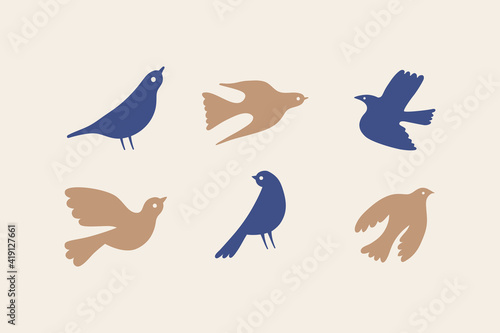 Vector illustration in simple hand drawn and linocut style - natural print, poster or logo design template - spring illustration - birds
