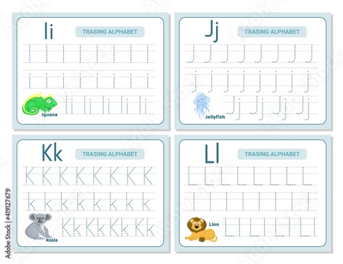 Alphabet tracing practice Letter I, J, K, L. Tracing practice worksheet. Learning alphabet activity page.