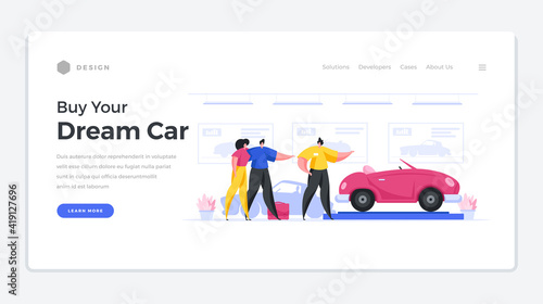 Dream car purchase home page template. Male and female persons ask seller for red vintage car.