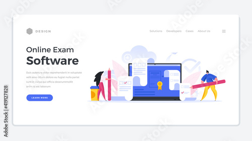 Exam online landing page template. Male and female characters undergo final web testing for diploma.