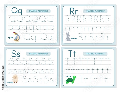Alphabet tracing practice Letter Q, R, S, T. Tracing practice worksheet. Learning alphabet activity page.