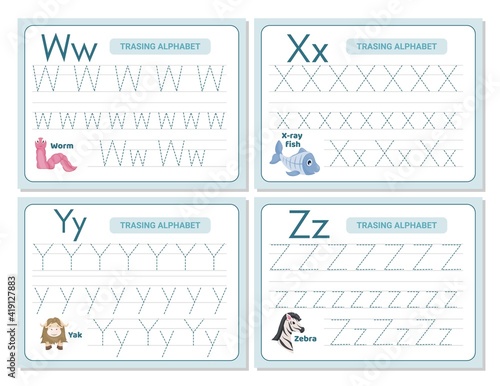 Alphabet tracing practice Letter W, X, Y, Z. Tracing practice worksheet. Learning alphabet activity page.