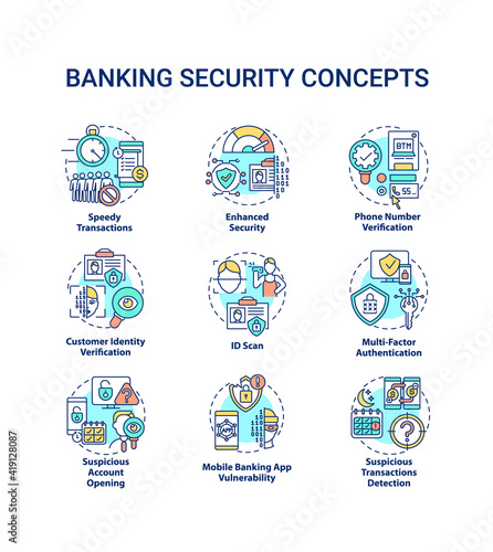 Banking security concept icons set. Reduced administration idea thin line RGB color illustrations. Multi-factor and biometric authentication. Vector isolated outline drawings. Editable stroke