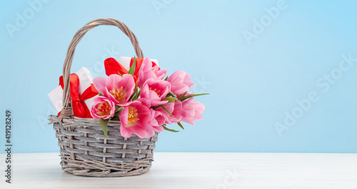 Pink tulip flowers bouquet and gifts