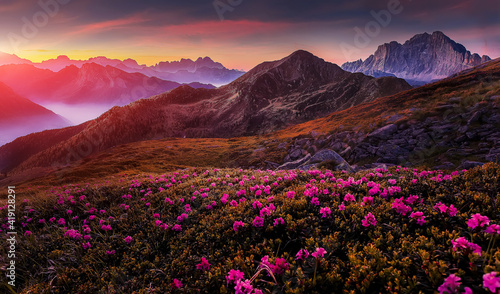 Mountains under mist during sunset. Scenic image of fairy-tale Landscape with Pink rhododendron flowers and colorful sky under sunlit, over the Majestic Rocky Peacks. Picture of wild area.