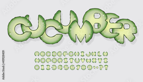 Sliced cucumber font. Vector cartoon alphabets isolated on white background.