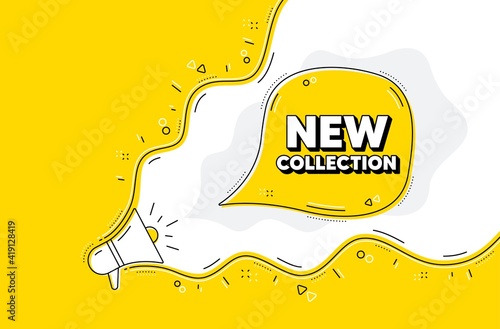 New collection. Loudspeaker alert message. New fashion arrival sign. Advertising offer symbol. Yellow background with megaphone. Announce promotion offer. New collection bubble. Vector