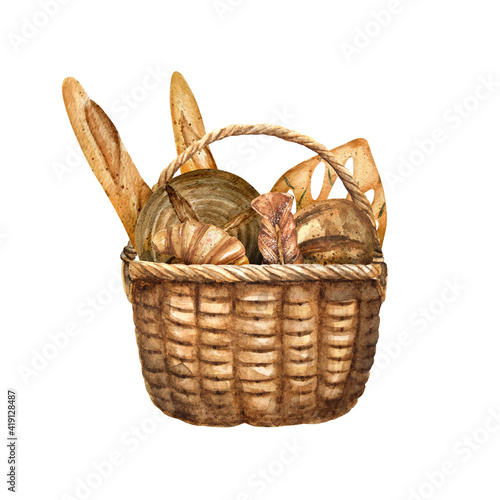 Watercolor illustration of basket with different kinds bread