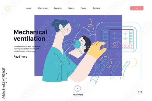 Medical insurance web page template- mechanical ventilation -modern flat vector concept digital illustration -ventilator medical machine equipment for tracheostomy, patient breathing in operating room