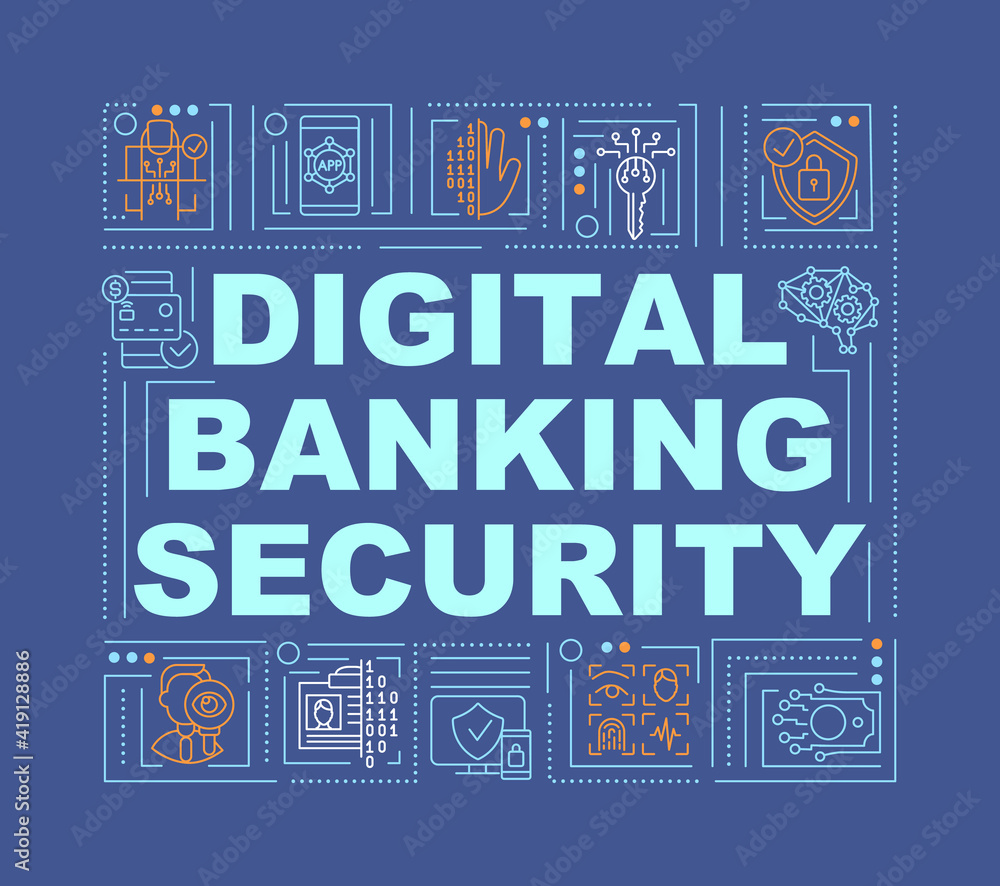 Fototapeta premium Digital banking security word concepts banner. Strong authentication and risk . Infographics with linear icons on green background. Isolated typography. Vector outline RGB color illustration