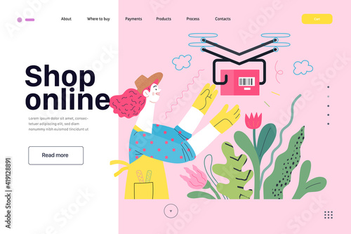 Discounts, sale, promotion -web template -delivery. Modern outlined flat vector concept illustration of gardening woman, wearing apron and gloves, receiving online order shipped with drone Shop online