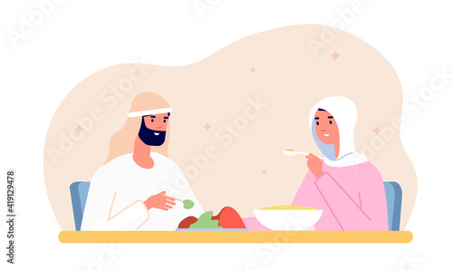 Ramadan kareem dinner. Arab home eat, muslim family eating evening or night. Iftar party, arabic woman man at utter table with meal vector concept. Illustration eating iftar evening at home