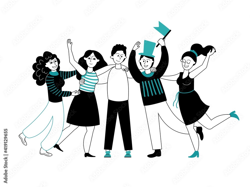 Friends hugging. Friend group, cartoon people crowd. Unity friendship, hug day or celebrations. Decent community team support vector concept. Illustration cartoon female and male happy Friends hugging. Friend group, cartoon people crowd. Unity friendship, hug day or celebrations. Decent community team support vector concept. Illustration cartoon female and male happy