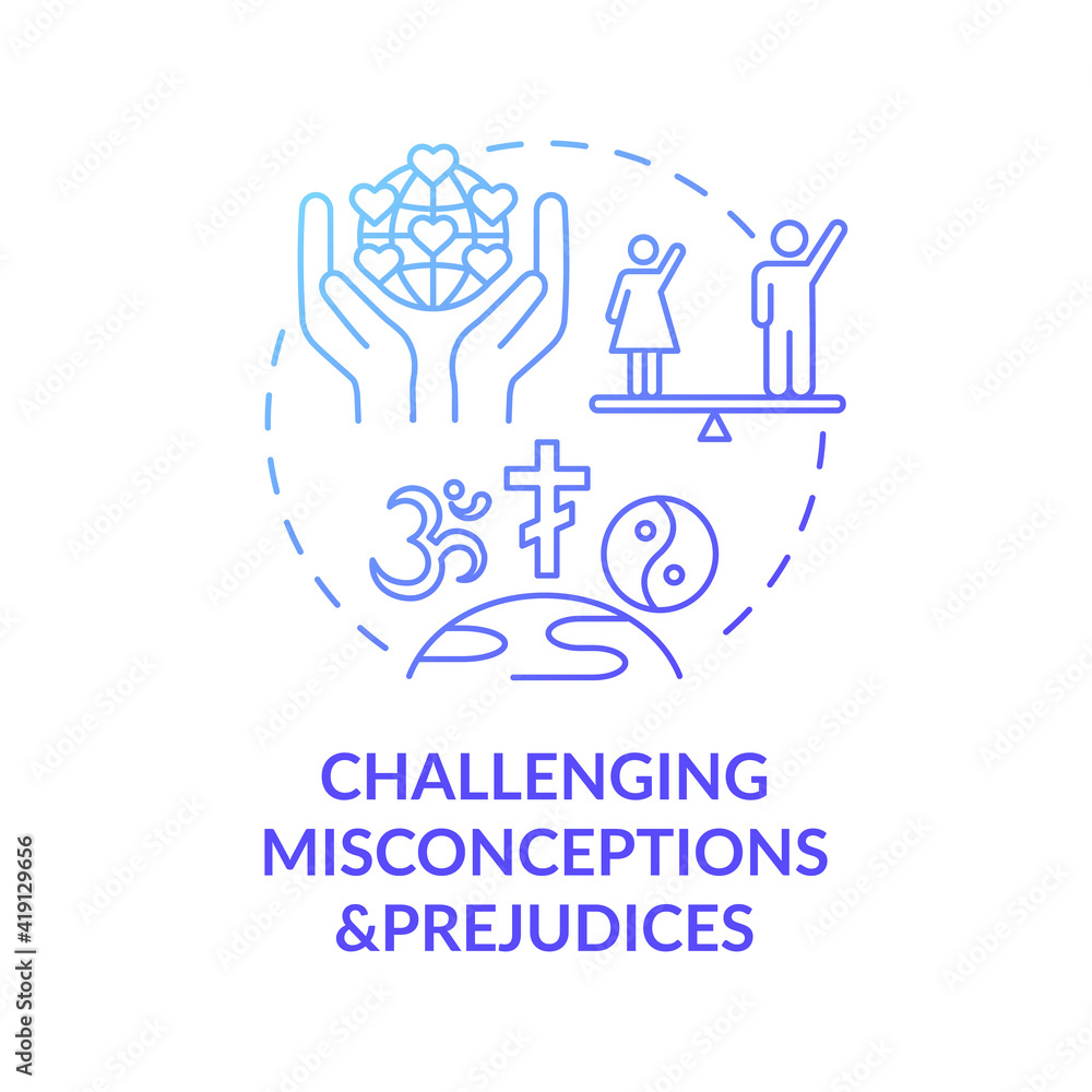 Challenging misconceptions and prejudices blue gradient concept icon. Men and women equality. Religious issues idea thin line illustration. Vector isolated outline RGB color drawing Challenging misconceptions and prejudices blue gradient concept icon. Men and women equality. Religious issues idea thin line illustration. Vector isolated outline RGB color drawing