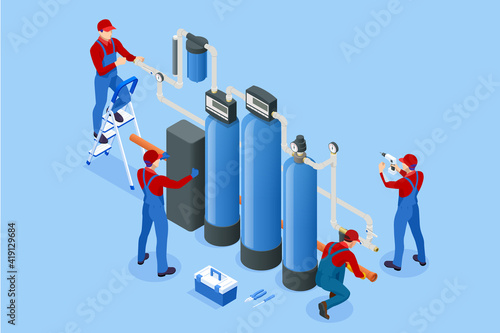 Isometric installing or repairing system of water filtration at home concept. Fix purification osmosis system. Drinking water. Sanitary work. Engineering networks in the house.