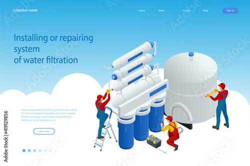 Isometric installing or repairing system of water filtration at home concept. Fix purification osmosis system. Drinking water. Sanitary work. Engineering networks in the house.