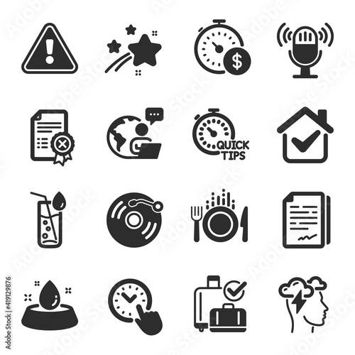 Set of Business icons, such as Time management, Vinyl record, Food symbols. Last minute, Document signature, Water glass signs. Baggage reclaim, Microphone, Reject certificate. Quick tips. Vector