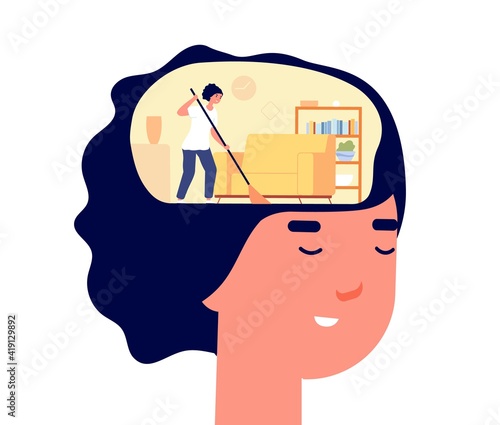 Mind cleaning. Head health, mental problems treatment metaphor. Self detox, woman caring about her brain and clean head inside vector concept. Illustration psychiatry, caring brain, self brainwash