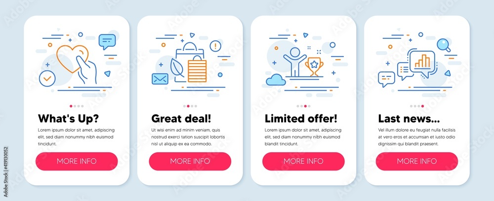 Set of Business icons, such as Hold heart, Bio shopping, Winner cup symbols. Mobile screen banners. Graph chart line icons. Friendship, Leaf, Champion. Growth report. Hold heart icons. Vector Set of Business icons, such as Hold heart, Bio shopping, Winner cup symbols. Mobile screen banners. Graph chart line icons. Friendship, Leaf, Champion. Growth report. Hold heart icons. Vector