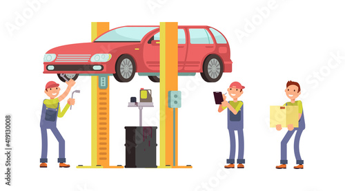Auto service. Car repair, mechanic characters and auto. Changing oil in vehicle and finding breakdown vector concept. Illustration maintenance service, worker auto transportation