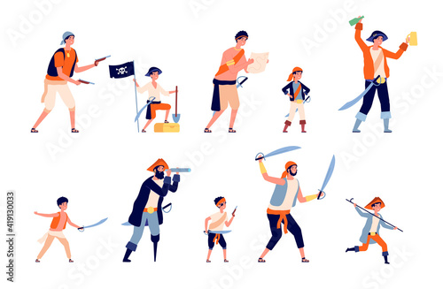 Pirates characters. Cartoon pirate, marine robber men and boys. Ocean traveller characters, childish person with treasure and map utter vector set. Illustration pirate character, captain and sailor