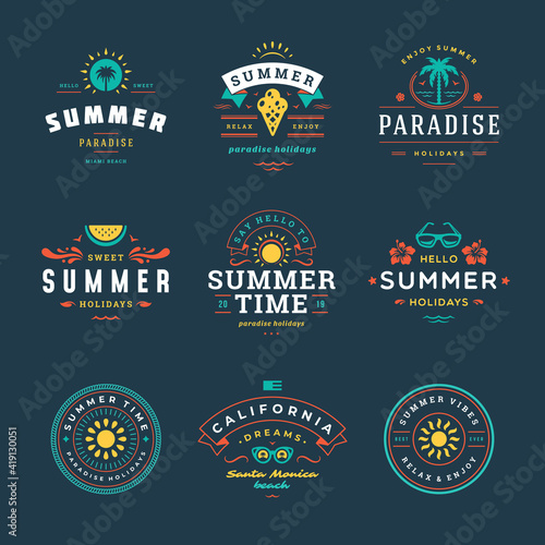 Summer holidays labels and badges retro typography design set.