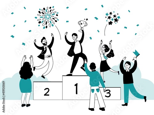 Winner ranking concept. Business results, best performance or campaign champion. Award or trophy, people stand on podium decent vector concept. Illustration success winner positive, best businessman