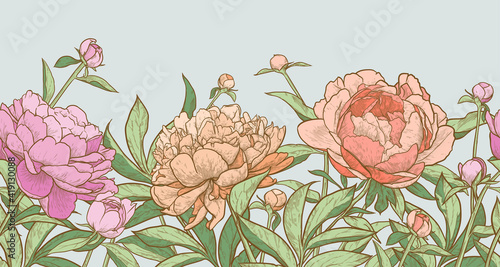 Floral seamless border. Vintage peony background. Hand drawn vector illustration.