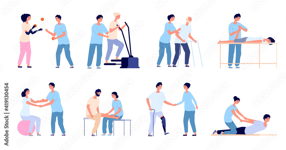 Physiotherapy. Medical treatment, injuries rehabilitation therapy. Healthcare physical training, medicine physiotherapist with patient utter vector set. Illustration physiotherapist rehab