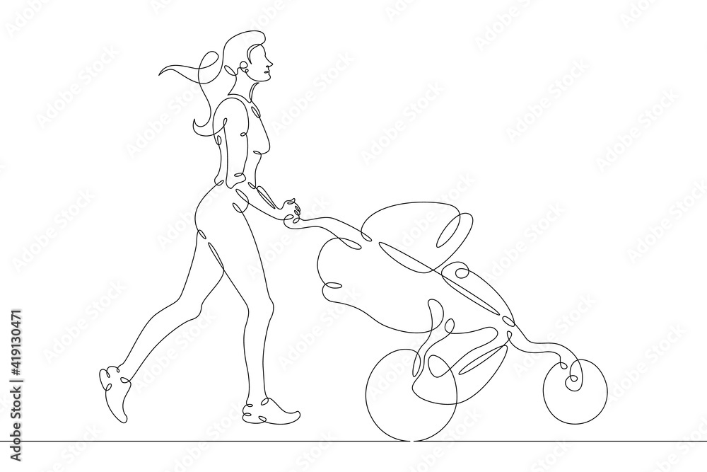 Young woman mother with baby carriage on a walk with toddler. One continuous drawing line  logo single hand drawn art doodle isolated minimal illustration.