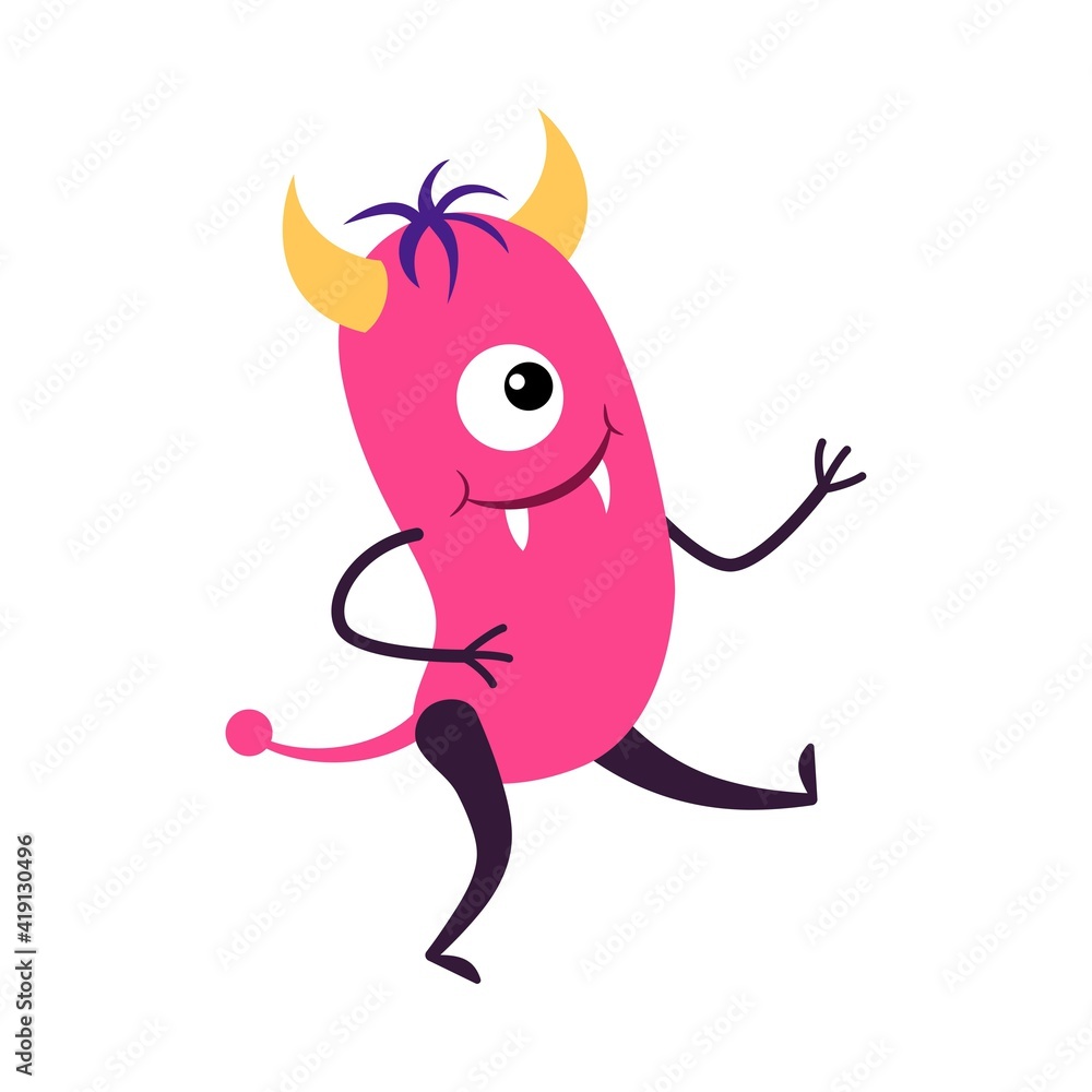 Cartoon smiling pink monster isolated on white. Funny fantasy creature. Design for print, party decoration,  illustration,  sticker.