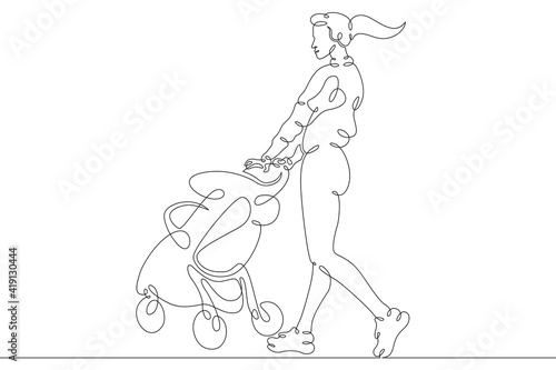 Young woman mother with baby carriage on a walk with toddler. One continuous drawing line logo single hand drawn art doodle isolated minimal illustration.