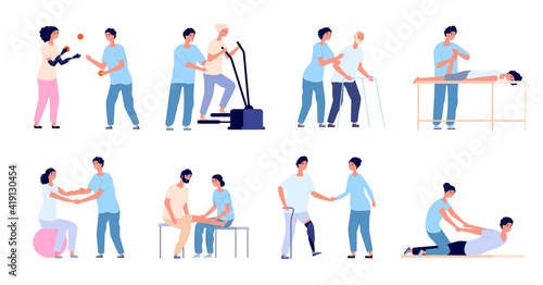 Physiotherapy. Medical treatment, injuries rehabilitation therapy. Healthcare physical training, medicine physiotherapist with patient utter vector set. Illustration physiotherapist rehab
