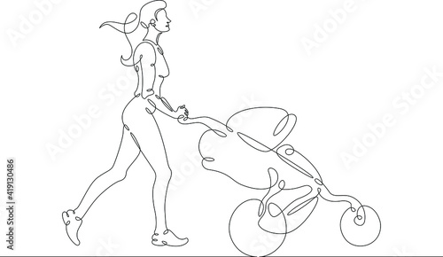Young woman mother with baby carriage on a walk with toddler. One continuous drawing line  logo single hand drawn art doodle isolated minimal illustration.