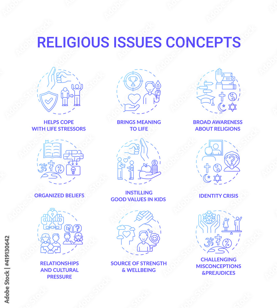Religious issues and values blue concept icons set. Help cope with life stress. Identity crisis. Religion and faith idea thin line RGB color illustrations. Vector isolated outline drawings Religious issues and values blue concept icons set. Help cope with life stress. Identity crisis. Religion and faith idea thin line RGB color illustrations. Vector isolated outline drawings