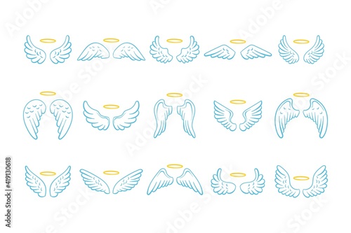 Fairy wings with nimbus set. Collection hand drawn blue angel wings with halo on white background.