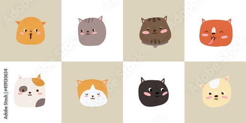 Cute cats. Cartoon cat heads, kitten faces cards set. Flat adorable pets, baby stickers with animals vector collection. Illustration kitten animal head set