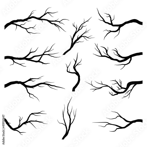 Collection bare tree branches. Naked branche silhouette set. Vector illustration