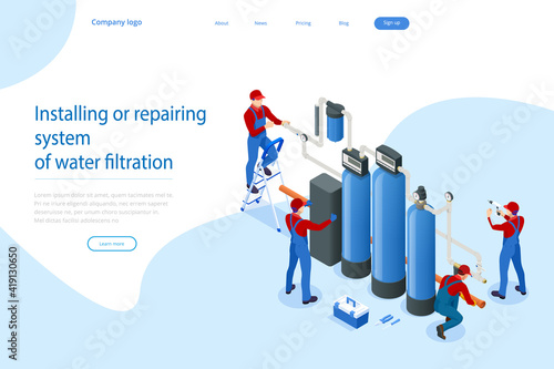 Isometric installing or repairing system of water filtration at home concept. Fix purification osmosis system. Drinking water. Sanitary work. Engineering networks in the house.
